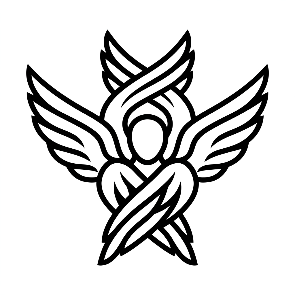 A simple black and white image of a Seraph with six wings